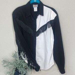 Black & White Fringe Western Button-Down Vintage Ranch wear Shirt Large